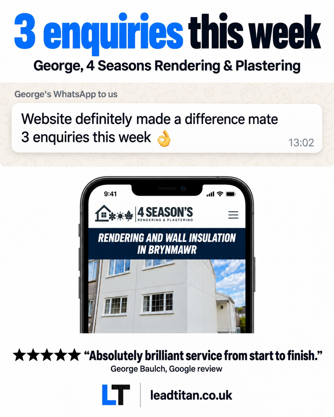 4 Seasons Rendering proof graphic: George’s WhatsApp saying 3 enquiries this week